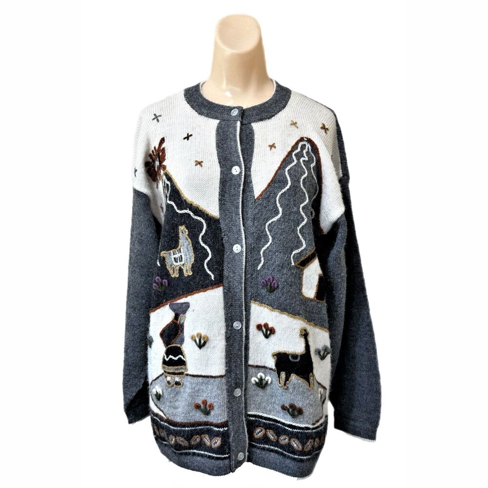 La Llama Womens Alpaca Cardigan Large Sweater Made Ecuador Vintage Cottagecore